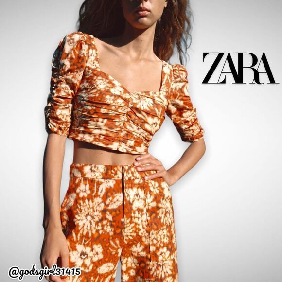 NWT Zara Printed Drape Crop Top Square Neck Orange Floral Sz XS - Picture 2 of 10